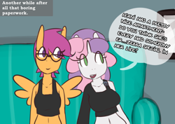 Size: 1280x907 | Tagged: safe, artist:somescrub, scootaloo, sweetie belle, anthro, ask nudist sweetie belle, glasses, older