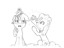 Size: 3431x2538 | Tagged: safe, artist:lalieri, part of a set, pinkie pie, twilight sparkle, earth pony, pony, unicorn, fanfic:why am i pinkie pie, 2016, big crown thingy, black and white, cupcake, elements of harmony, female, food, grayscale, jewelry, monochrome, open mouth, regalia, traditional art