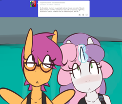 Size: 1280x1088 | Tagged: safe, artist:somescrub, scootaloo, sweetie belle, anthro, ask nudist sweetie belle, scootabelle