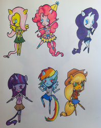 Size: 1013x1280 | Tagged: safe, artist:airyu, derpibooru import, applejack, fluttershy, pinkie pie, rainbow dash, rarity, twilight sparkle, anthro, earth pony, pony, ambiguous facial structure, mane six, traditional art