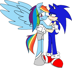Size: 688x645 | Tagged: safe, artist:cdla, derpibooru import, rainbow dash, anthro, blushing, crossover, crossover shipping, female, interspecies, love, male, shipping, sonic the hedgehog, sonic the hedgehog (series), sonicdash, straight