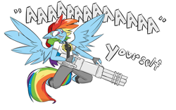 Size: 1280x800 | Tagged: safe, artist:cider, derpibooru import, rainbow dash, anthro, crossover, gun, serious rainbow, serious sam, solo