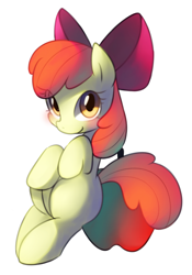 Size: 1213x1735 | Tagged: safe, artist:maren, derpibooru import, apple bloom, earth pony, pony, adorabloom, apple, bipedal, bipedal leaning, blushing, cute, female, filly, food, leaning, simple background, solo, white background