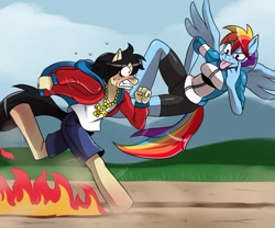 Size: 1365x1135 | Tagged: safe, artist:ss2sonic, derpibooru import, rainbow dash, oc, anthro, unguligrade anthro, akanbe, anatomically incorrect, breasts, clothes, compression shorts, female, fire, flying, incorrect leg anatomy, race, racing, rainboob dash, teasing, tongue out