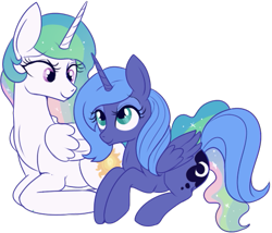 Size: 507x433 | Tagged: safe, artist:lulubell, derpibooru import, princess celestia, princess luna, alicorn, pony, prone, s1 luna, simple background, transparent background