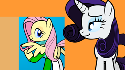 Size: 1920x1080 | Tagged: safe, artist:soniclegacy1, fluttershy, rarity, pegasus, pony, unicorn, clothes, costume, female, flarity, lesbian, shipping, simple background