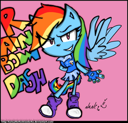 Size: 1248x1205 | Tagged: safe, artist:kaleythefoxkizzdarkz, derpibooru import, rainbow dash, anthro, chibi, solo, sonic the hedgehog (series), species swap