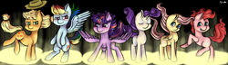 Size: 10458x3000 | Tagged: safe, artist:kysimon, applejack, fluttershy, pinkie pie, rainbow dash, rarity, twilight sparkle, twilight sparkle (alicorn), alicorn, earth pony, pegasus, pony, unicorn, absurd resolution, bipedal, female, mane six, mare, spread wings, windswept mane