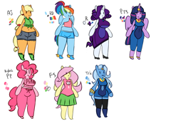 Size: 1280x907 | Tagged: safe, artist:somescrub, applejack, fluttershy, pinkie pie, rainbow dash, rarity, trixie, twilight sparkle, twilight sparkle (alicorn), anthro, earth pony, pony, applebucking thighs, arm hooves, mane six, wide hips