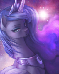 Size: 2500x3114 | Tagged: safe, artist:mrs1989, princess luna, alicorn, pony, annoyed, chromatic aberration, ethereal mane, frown, galaxy mane, glare, looking at you, pouting, solo, stars, unamused