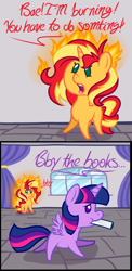 Size: 668x1371 | Tagged: safe, artist:estrill, artist:php92, sunset shimmer, twilight sparkle, twilight sparkle (alicorn), alicorn, pony, unicorn, askbookobsessedtwilight, bae, bby, book, crying, fiery shimmer, fire, grimcute, implied lesbian, implied shipping, implied sunsetsparkle, irony, mane of fire, mouth hold, shimmerbuse, that pony sure does love books