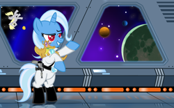 Size: 1100x688 | Tagged: safe, artist:pixelkitties, derpy hooves, gummy, trixie, pegasus, pony, unicorn, boots, clothes, crossover, female, grand admiral thrawn, mare, planet, rearing, shoes, star wars, thrawn, uniform, ysalamir