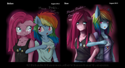 Size: 1024x558 | Tagged: safe, artist:chiakitasso, derpibooru import, pinkie pie, rainbow dash, anthro, comparison, draw this again, female, lesbian, pinkamena diane pie, pinkiedash, shipping