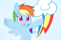 Size: 990x655 | Tagged: safe, artist:higglytownhero, derpibooru import, rainbow dash, pegasus, pony, blue coat, blue wings, cutie mark, multicolored mane, open mouth, outstretched arms, simple background, smiling, solo, spread wings, underhoof, white background, wings