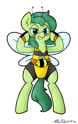 Size: 651x1029 | Tagged: safe, artist:melodicmarzipan, oc, oc only, oc:silly numptie, bee, solo, workout outfit