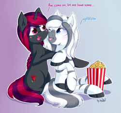 Size: 1600x1500 | Tagged: safe, artist:dsp2003, oc, oc only, oc:radiance the zony, oc:silkenshire rose, hybrid, pony, unicorn, zony, 2016, commission, female, food, open mouth, pfft, popcorn, siblings, simple background, single panel, tongue out