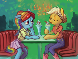 Size: 1280x960 | Tagged: safe, artist:spectralunicorn, derpibooru import, applejack, rainbow dash, anthro, earth pony, pony, semi-anthro, 50s, alternate hairstyle, appledash, clothes, diner, drink, female, jeans, lesbian, milkshake, restaurant, shipping, skirt, style emulation, table