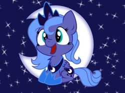 Size: 944x704 | Tagged: safe, artist:askfirefly-23, artist:nekosnicker, derpibooru import, princess luna, alicorn, pony, chest fluff, cute, filly, happy, moon, solo, stars, woona