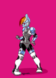 Size: 2231x3099 | Tagged: safe, artist:eggsammich, derpibooru import, rainbow dash, anthro, robot, crossover, cyborg (teen titans), maretropolis, solo, teen titans