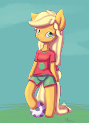 Size: 586x805 | Tagged: safe, artist:alasou, derpibooru import, applejack, anthro, earth pony, pony, unguligrade anthro, clothes, football, shirt, shorts, solo