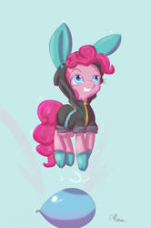Size: 671x1008 | Tagged: safe, artist:alasou, derpibooru import, pinkie pie, earth pony, pony, balloon, bouncing, bunny ears, clothes, clothes swap, cute, dangerous mission outfit, female, grin, hoodie, mare, smiling, solo, squee