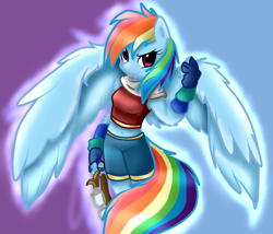 Size: 800x686 | Tagged: safe, artist:ambris, artist:marshmallowwithchoco, derpibooru import, rainbow dash, anthro, belly button, clothes, midriff, shorts, solo