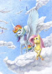 Size: 1024x1463 | Tagged: safe, artist:skyaircobra, fluttershy, rainbow dash, pegasus, pony, cloud, fanfic art, prone, spread wings, traditional art