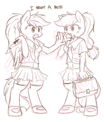 Size: 1020x1200 | Tagged: safe, artist:sion, derpibooru import, applejack, rainbow dash, anthro, earth pony, pony, clothes, dialogue, eating, grayscale, mary janes, midriff, monochrome, necktie, pleated skirt, ponytail, satchel, school uniform, schoolgirl, skirt, socks, zettai ryouiki