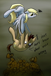Size: 1181x1748 | Tagged: safe, artist:underpable, derpibooru import, derpy hooves, doctor whooves, pegasus, pony, carrying, dialogue, female, flying, food, i just don't know what went wrong, mare, monster, muffin, pile