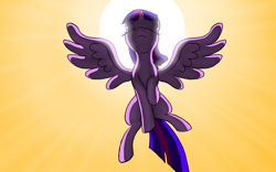 Size: 1280x800 | Tagged: safe, artist:nadnerbd, derpibooru import, twilight sparkle, twilight sparkle (alicorn), alicorn, pony, backlighting, female, flying, mare, solo, sun