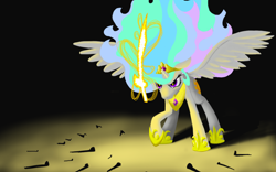 Size: 1024x640 | Tagged: safe, artist:nadnerbd, derpibooru import, princess celestia, alicorn, pony, fanfic:the immortal game, dark, female, fight, glow, magic, mare, saber, solo, sword, the immortal game, warrior celestia, weapon