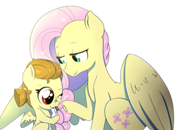 Size: 3000x2206 | Tagged: safe, artist:marukouhai, fluttershy, oc, oc:euli, pegasus, pony, rabbit, female, fluttermom, mother and child, mother and daughter, offspring, parent and child, parent:bulk biceps, parent:fluttershy, parents:flutterbulk