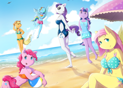 Size: 1054x757 | Tagged: safe, artist:crap-drawings, derpibooru import, applejack, fluttershy, pinkie pie, rainbow dash, rarity, twilight sparkle, anthro, earth pony, plantigrade anthro, pony, barefoot, beach, belly button, bikini, cleavage, clothes, feet, female, mane six, one-piece swimsuit, swimsuit