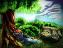 Size: 2100x1600 | Tagged: safe, artist:ferasor, rainbow dash, pegasus, pony, cloud, eyes closed, fluffy, forest, lens flare, on back, relaxing, solo, tree