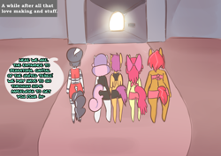 Size: 3200x2268 | Tagged: safe, artist:somescrub, apple bloom, babs seed, scootaloo, sweetie belle, oc, oc:h'ani, anthro, zebra, ask nudist sweetie belle, clothes, explicit source, holding hands, implied sex, midriff, tumblr