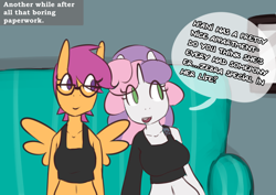 Size: 1280x907 | Tagged: safe, artist:somescrub, scootaloo, sweetie belle, anthro, ask nudist sweetie belle, belly button, clothes, explicit source, glasses, midriff, tumblr