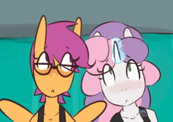 Size: 1280x907 | Tagged: safe, artist:somescrub, scootaloo, sweetie belle, anthro, ask nudist sweetie belle, blushing, clothes, female, glasses, lesbian, scootabelle, shipping, tumblr