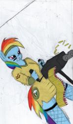 Size: 801x1349 | Tagged: safe, artist:f-l-u-r, artist:niakitty, derpibooru import, rainbow dash, anthro, machine gun, solo, weapon