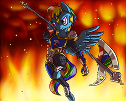 Size: 997x801 | Tagged: safe, artist:davidcurser, derpibooru import, rainbow dash, anthro, armor, axe, solo, weapon