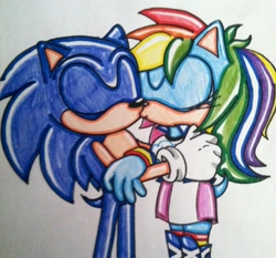 Size: 1495x1393 | Tagged: safe, derpibooru import, rainbow dash, anthro, background pony strikes again, crossover, crossover shipping, equestria girls outfit, female, kissing, male, shipping, sonic the hedgehog, sonic the hedgehog (series), sonicdash, sonicified, straight, style emulation