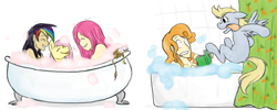 Size: 1702x678 | Tagged: safe, artist:cartoonlion, carrot top, derpy hooves, fluttershy, gilda, golden harvest, pinkie pie, rainbow dash, oc, oc:futashy, bath, bathtub, book, claw foot bathtub, futa, futashy, futaverse, gildakeet, humanized, intersex, jumping