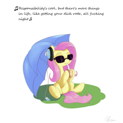 Size: 1200x1200 | Tagged: safe, artist:alasou, derpibooru import, edit, fluttershy, pegasus, pony, death grips, headphones, juice box, solo, umbrella, vulgar