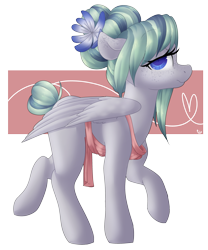 Size: 1280x1537 | Tagged: safe, artist:rue-willings, oc, oc only, oc:feather fry, pegasus, pony, apron, clothes, ear freckles, flower, flower in hair, freckles, hair bun, solo