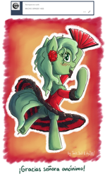 Size: 800x1344 | Tagged: safe, artist:dsp2003, artist:lalieri, oc, oc only, oc:grass, collaboration, 2016, ask, clothes, dress, fan, flamenco, flower, pony town, rose, solo, spanish, tumblr