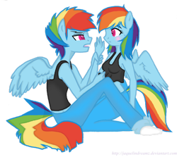 Size: 900x803 | Tagged: safe, artist:jaquelindreamz, derpibooru import, rainbow blitz, rainbow dash, anthro, clothes, rule 63, self ponidox, socks, tanktop