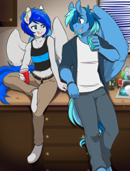 Size: 1600x2100 | Tagged: source needed, safe, artist:spazzykoneko, oc, oc only, oc:sapphire sights, oc:umami stale, anthro, pegasus, unguligrade anthro, alcohol, barehoof, beer, beer can, belt, cabinet, clothes, ear piercing, eye contact, eyeshadow, fangs, female, gauges, looking at each other, makeup, male, mare, midriff, pants, party, piercing, red solo cup, shirt, sink, sitting, stallion, tanktop