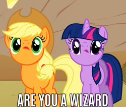 Size: 605x513 | Tagged: safe, screencap, applejack, twilight sparkle, earth pony, pony, are you a wizard, caption, faic, fishface applejack, fishface twilight, image macro, looking at you, meme, open mouth, reaction image, text, wat