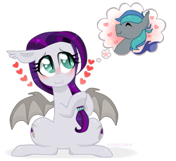 Size: 1311x1200 | Tagged: safe, artist:kaikururu, oc, oc only, oc:sweet hum, oc:swift edge, bat pony, pony, couple, cute, daydream, fangs, female, heart, love, male, married couple, slit eyes, straight, sweetedge, thought bubble