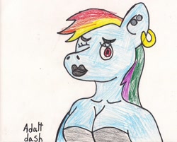 Size: 996x802 | Tagged: safe, artist:superkiel, derpibooru import, rainbow dash, anthro, black lipstick, cleavage, clothes, ear piercing, female, looking at you, multicolored hair, one eye closed, simple background, solo, text, traditional art, white background, wink, winking at you