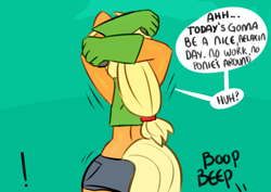 Size: 1280x907 | Tagged: safe, artist:somescrub, applejack, anthro, earth pony, pony, arm behind head, ask nudist sweetie belle, clothes, dialogue, explicit source, female, midriff, odd equestria, solo, speech bubble, tumblr